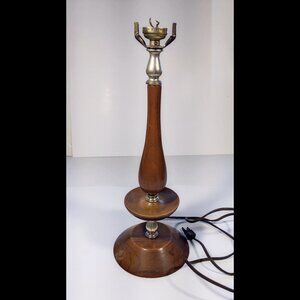 Vintage Mid-Century Modern Teak Wood Tall Slim Round Table Lamp